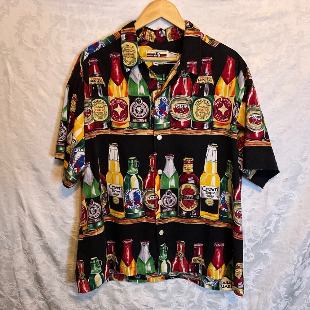 Vintage 90's SPOT Original Mens Beer Bottle Print Hawaiian Button Up Shirt XXL‎